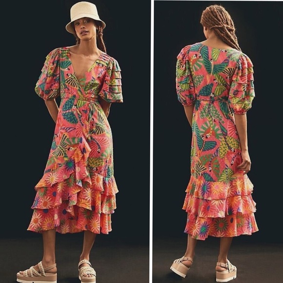Farm Rio Macaw Ruffled Wrap Dress  100% Cotton In Coral Size XXS - Picture 3 of 16